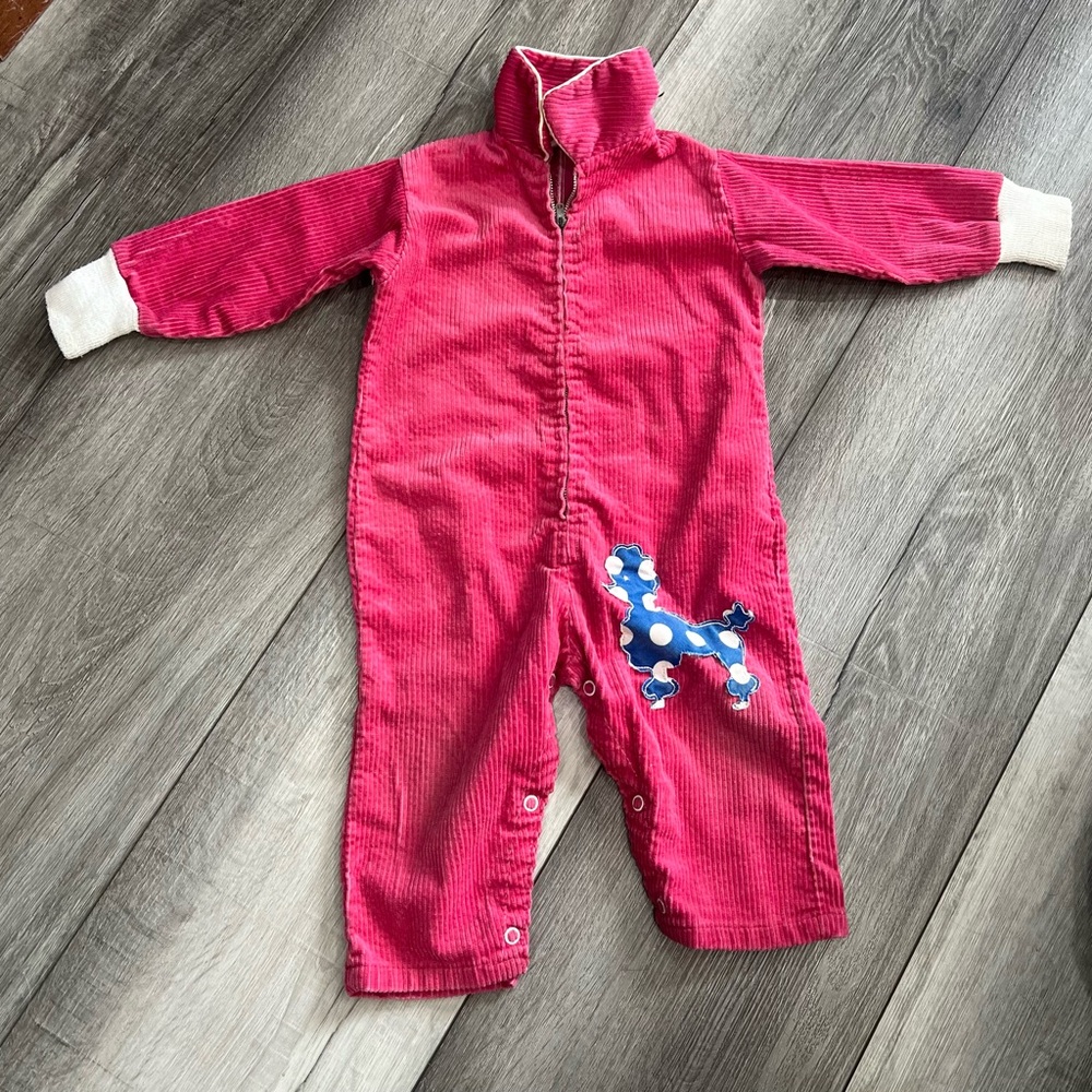 Vintage Red Corduroy Baby Jumpsuit with Blue Dog Patch
